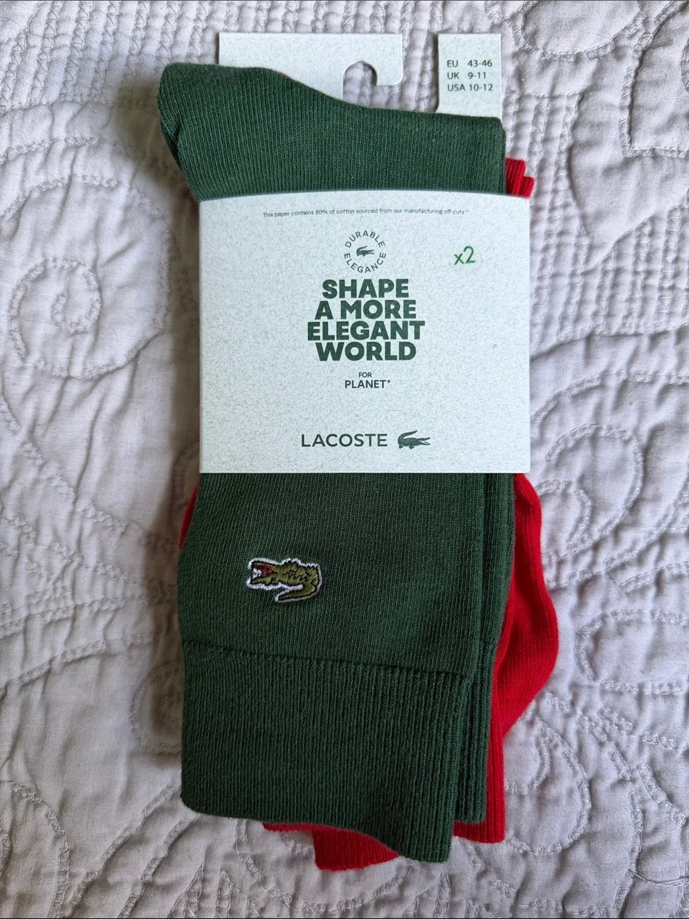 NWT Lacoste 2-Pack Long Crew Socks Green & Red EU 43-46 US 10-12